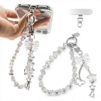 Crystal Beaded Phone Wrist Strap, Cute Cellphone Lanyard Chain, Bow Keychain Wristlet Bag Charms for Women - color: Bow/White