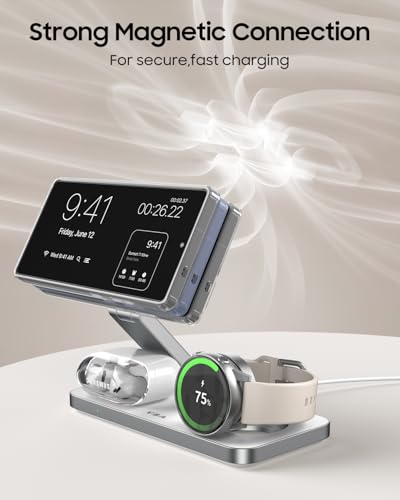 3 in 1 Magnetic Wireless Charger for Samsung Galaxy, Foldable Fast Charging Station for MagSafe Samsung Galaxy S26 Ultra S25 S24 Z Fold Flip 8 Watch 8 7 Buds 4 3 Pro,Not for Samsung Watch 9/Ultra 2 - color: White