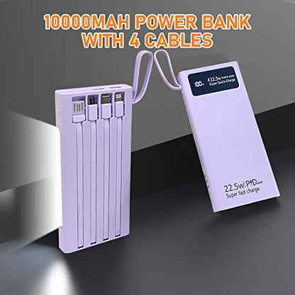 Portable Charger with Built in Cables,Mandarooker 10000mAh Power Bank with LED Lamp Fast Charging USB C External Battery Pack Phone Charger with LED Display for iPhone, Samsung and Cell Phones(Purple) - color: Purple