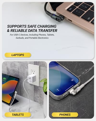 Scosche PowerPivot 60W Fast Charging USB-A to USB-C Cable, 6FT Braided Charger Cord with 360° Pivoting Connector Compatible with iPhone 17/16, iPad, Samsung Galaxy, MacBook & More, White