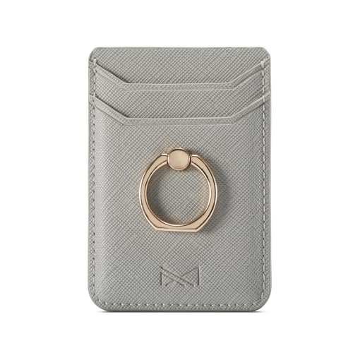 Card Holder Sleeve with Ring, RFID Credit Wallet PU Leather Stick On Back Grip for iPhone Samsung Smartphone - Silver - color: Silver