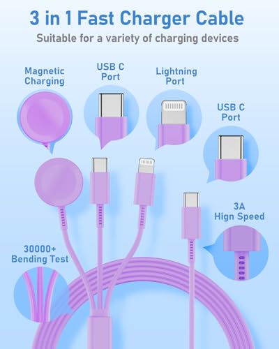 for Apple Watch Charger Fast Charging 6FT, 3 in 1 Multi Charging Cable with USB C iPhone iWatch Charger for Apple iWatch Series 11/10/9/8/7/Ultra3/Ultra 2/SE/6/5/4/iPhone 17/16/15/14/13/12/11-Purple - color: Purple