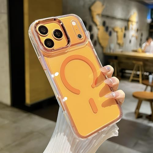 for iPhone 17 Pro Max Clear Case with Electroplated Camera Ring & Buttons, MagSafe Compatible, Military-Grade Shockproof, Anti-Yellowing Slim Transparent Cover - color: Orange