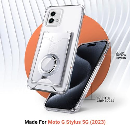 Shields Up for Moto G Stylus 5G 2023 Case with Card Holder, Clear | Minimalist Wallet Case, 3 Card Slots, 360° Rotation Ring Stand/Kickstand, Drop Protection Protective Cover - size: Moto G Stylus 5G 2023