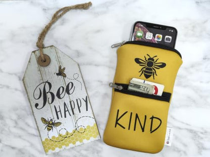 Tainada Dual Zipper Neck Cell Phone Pocket Pouch w/Belt Loop (Be Kind Bee) | For Men/Women; Water-resistant neoprene material, shockproof, lightweight, w/carabiner; Compatible with most of smartphones - color: Be Kind Bee