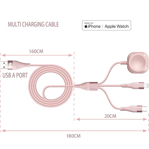 Apple Watch Charger 6FT Multi Charging Cable Travel Essential Nylon Braided - color: Rose/Pink