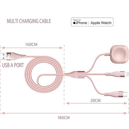 Apple Watch Charger 6FT Multi Charging Cable Travel Essential Nylon Braided - color: Rose/Pink