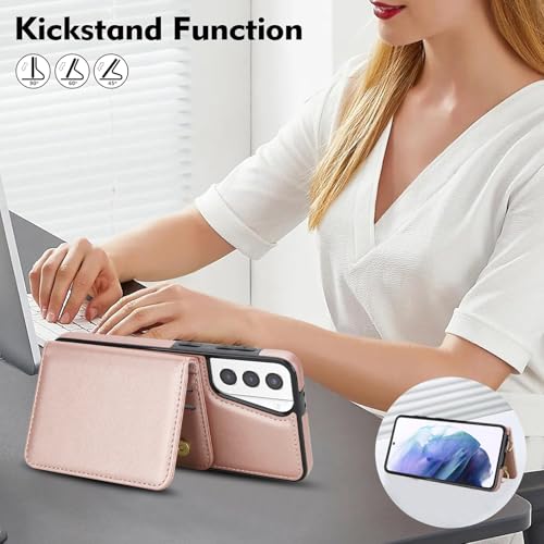Phone Case for Samsung Galaxy S21 Plus S21+ 5G Wallet Cell Cover with Tempered Glass Screen Protector Wrist Strap RFID Blocking Credit Card Holder S21+5G S21plus 21S + S 21 21+ G5 Women Men Rose Gold - color: Rose Gold