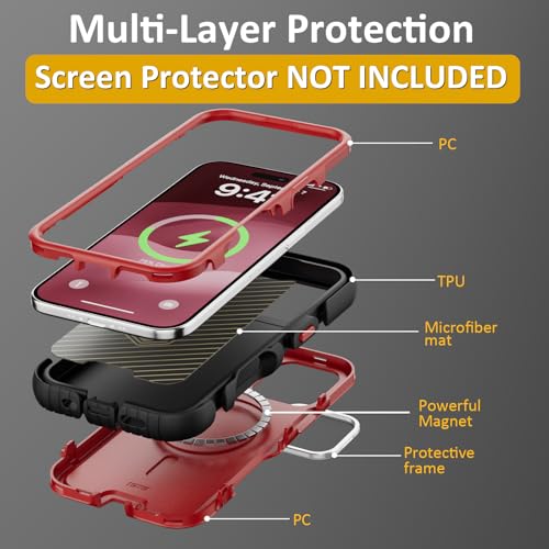 Follaroma Magnetic for iPhone 17 Case with Camera Stand, Red, 6.3" | Built-in Glass Camera Cover,Compatible with MagSafe,Heavy Duty Shockproof Protective,Military-Grade Anti-DropDual Layer Cover - color: Black Red, size: iPhone 17 6.3''