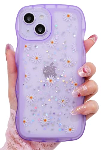 Glitter case for iPhone 13/14 Flowers Purple | Bling Sparkle Glitter，Flowers，Full Protection Soft TPU，Kawaii Cute Phone Case for Women Girls - color: Flowers Purple