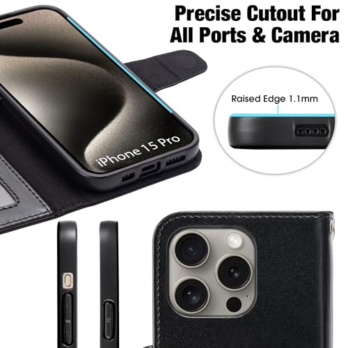 Arae Compatible with iPhone 15 Pro Case with Card Holder and Wrist Strap Wallet Flip Cover for iPhone 15 Pro 6.1 inch,Black - color: Black, size: iPhone 15 Pro 6.1 inch