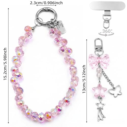 Crystal Beaded Phone Wrist Strap, Cute Cellphone Lanyard Chain, Bow Keychain Wristlet Bag Charms for Women - color: Pink