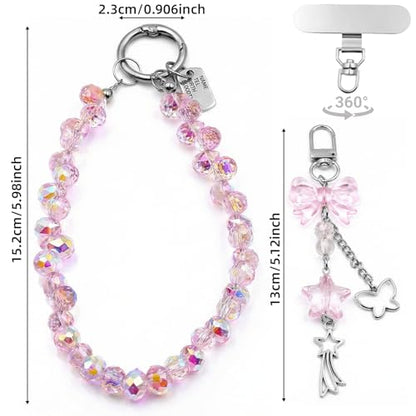 Crystal Beaded Phone Wrist Strap, Cute Cellphone Lanyard Chain, Bow Keychain Wristlet Bag Charms for Women - color: Pink