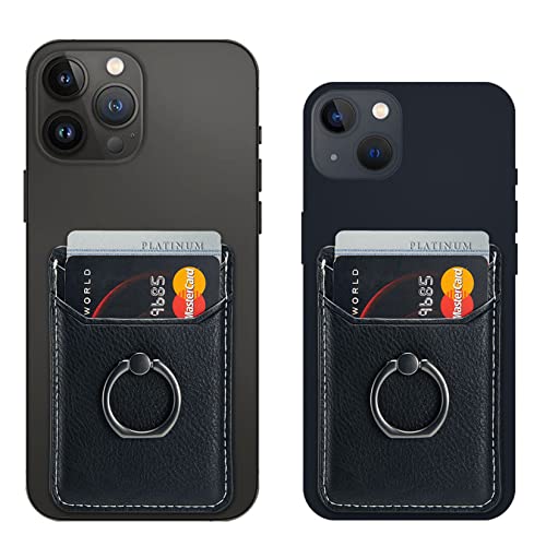 Card Holder for Phone Case 2Pc, RFID Leather Phone Wallet with Ring | Phone Wallet Stick On Back Of Phone Case.Credit Card/ID/Pocket Phone Card Holder for iPhone Andriod. Viewing Freely - color: Black+Black 2PC