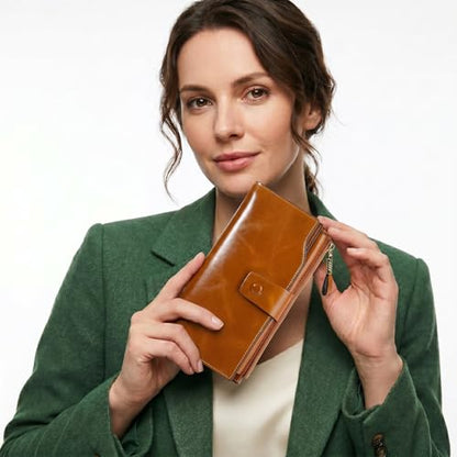 YALUXE Women's Real Leather Wallet RFID Protect 21 Card Slots Phone Pocket - color: 1- Waxed Brown, size: Genuine Leather