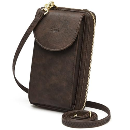 S-ZONE Small Crossbody Bags for Women Phone Purse RFID Blocking Wallet | Card Slots, Vegan Leather, Anti-theft, Multi Pockets, Detachable Adjustable Strap, Travel Eveyday Outing - color: Retro Coffee