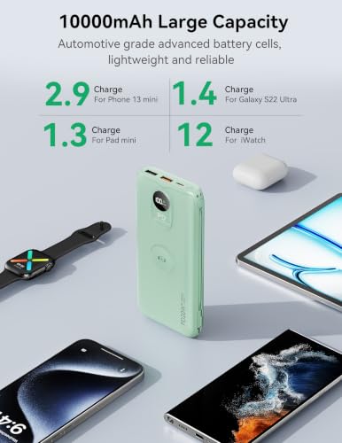 Portable Charger 10000mAh 20W, Wall Plug, 2 Cables, iWatch Charging - color: Natural Green