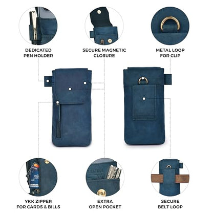 Leather Village Genuine Leather 7”x3.5” Phone Holster Pouch with Belt Clip, Magnetic Closure, ID Card Holder - Blue Universal Case for iPhone, Samsung Galaxy, Google Pixel - color: Blue