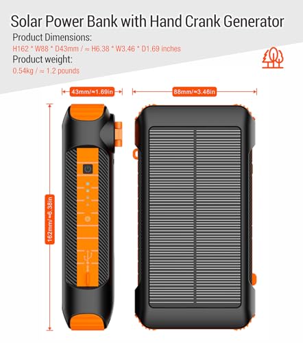 Solar Power Bank 20000mAh Built in Hand Crank and 4 Cables 22.5W Fast Charge Power Bank 5 Outputs & 5 Inputs Solar Portable Charger, SOS/Strobe/Strong Flashlights, Carabiner (Orange)