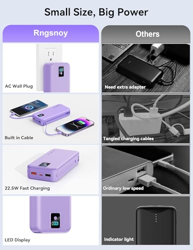 Portable Charger 20000mAh 22.5W w/Built-in Cable & Wall Plug Purple - color: Violet