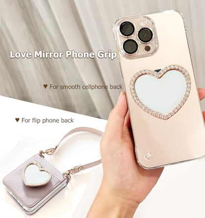 Cute Glitter Mirror Phone Grip Expanding Kickstand for Cellphone Grip Holder Universal Rotatable (Love Heart Mirror)