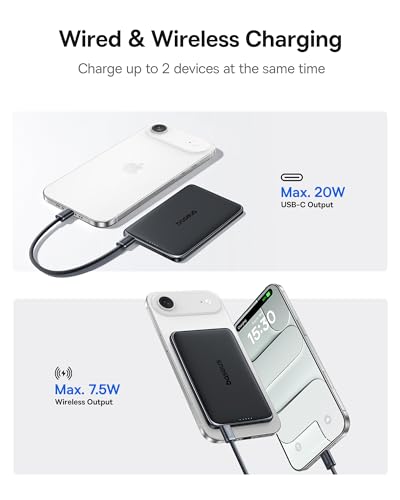 Baseus Picogo Power Bank, 0.3" Ultra Slim 5000mAh MagSafe Battery Pack, Upgraded CCC Certified and Polished Alloy Magnetic Portable Charger, Wireless Charger for iPhone 17/16/15/14/13/12 - color: Polished Cosmic Black