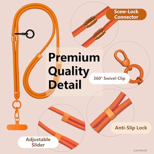 4-in-1 Phone Lanyard, Crossbody, Neck, Wrist & Finger Strap - color: Orange