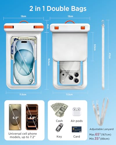 Miimall 2 Pack IPX8 Waterproof Phone Bag, Dustproof Waterproof Phone Case with Lanyard for iPhone 17 16 15 14 13 Pro Max, Ultra-Clear Phone Protector Pouch Cruise Travel Essentials 7.2 inch, White - color: White