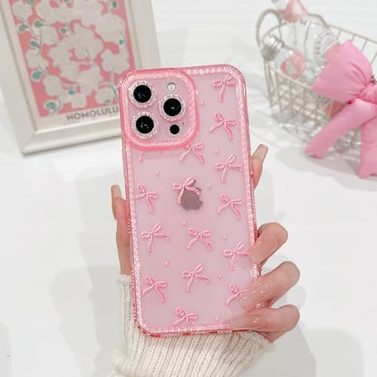 NITITOP Compatible with iPhone 16 Pro Case Cute Clear Pink Glitter Bow Knot Design Shiny Star Sparkle Bling Diamond Girls Women Soft TPU Shockproof Protective Phone Cover - Large Bow Heart - color: Large Bow Heart, size: iPhone 16 Pro