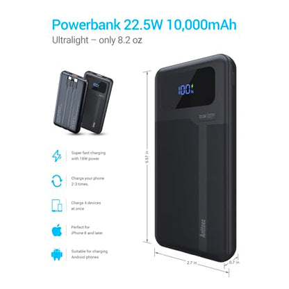 Antteez Portable Charger with Built in Cable - 10000mAh Fast Charging 22.5W Power Bank USB C LED Display Travel Battery Pack 4 Outputs & 2 Inputs for iPhone Samsung iPad Phones Tablets