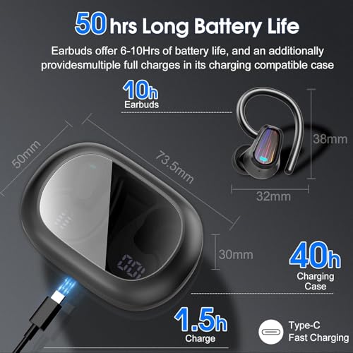Wireless Earbuds Bluetooth 5.4, 50H Playtime Sport Earphones with Earhooks, HiFi Stereo Bluetooth Hearphones with ENC Noise Cancelling Mic, IPX7 Waterproof Over the Ear Buds for Gym/Running/Workout