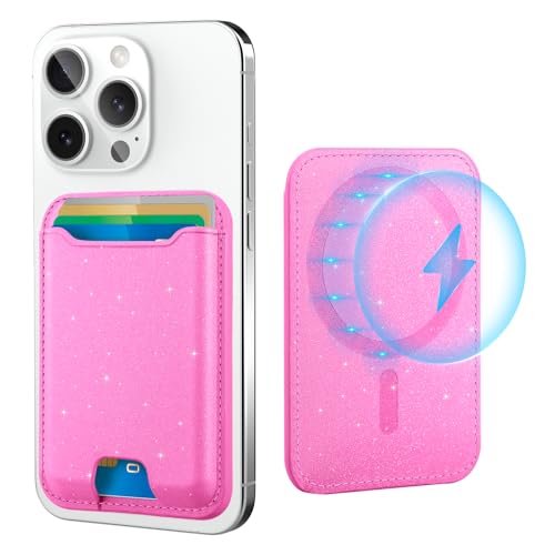 TopMade for Magsafe Wallet, Sparkle Magnetic Card Holder for iPhone 17, iPhone 16/15/14/13/12 Series, Leather Magnetic Phone Wallet with Powerful Magnet, RFID Blocking, Fit 4 Cards, Glitter Pink - color: Glitter Pink