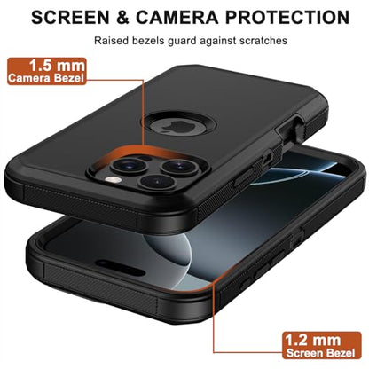 for iPhone 16 Pro Max Phone Case,Military Grade Drop Protection Cell Phone Cover with Belt Clip Holster Stand,Screen Protector x2 Rugged Kickstand for iPhone 16 Pro Max Case 6.9” (Black) - color: Black