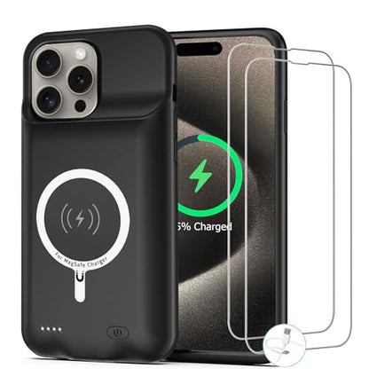 Battery Case for iPhone 15 Pro Max, [12000mAh] Enhanced Portable Protective Qi Wireless Charger Case Battery Pack with CarPlay Wireless Charging Case Compatible for iPhone 15 Pro Max (6.7 inch)-Black - size: iPhone 15 Pro Max