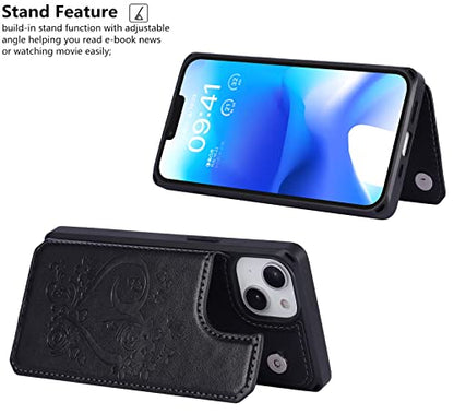 iCoverCase Compatible with iPhone 14 Wallet Phone Case with Card Holder for Women, RFID Blocking Embossed PU Leather Wrist Strap Case 6.1 Inch (Heart Black) - color: H-Black