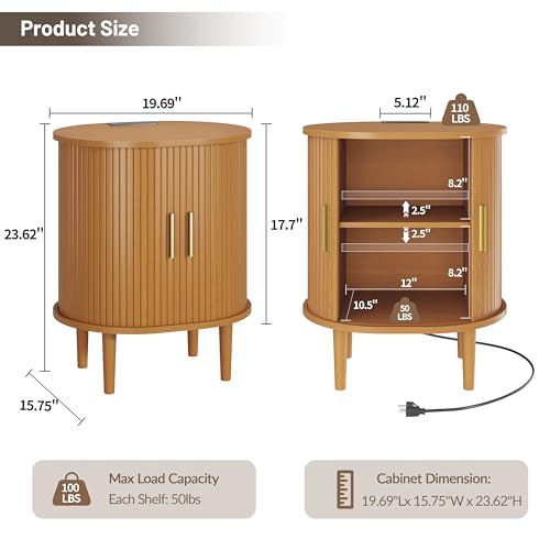 DHH Mid Century Modern Nightstand with Charging Station, Fluted Accent Side Table with Sliding Door & Adjustable Shelf, End Table for Small Space, Living Room, Bedroom,Sofa Couch(1, Yellow) - color: Yellow Walnut