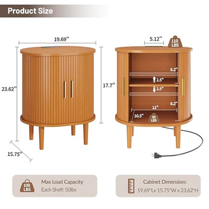DHH Mid Century Modern Nightstand with Charging Station, Fluted Accent Side Table with Sliding Door & Adjustable Shelf, End Table for Small Space, Living Room, Bedroom,Sofa Couch(1, Yellow) - color: Yellow Walnut