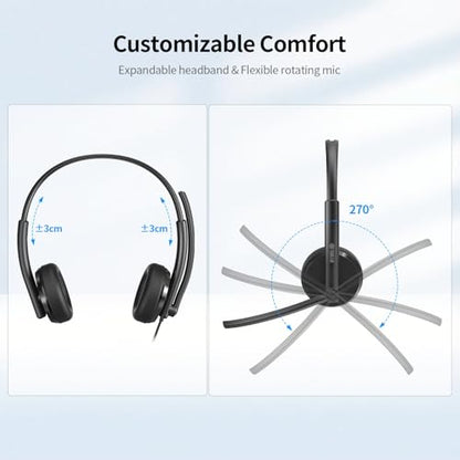 TOALLIN Wired Headset with Noise Canceling Mics, USB Stereo Headphones
