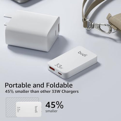 BUDI 33W Extra Slim Portable Wall Charger 2-Port Wall Charger Convenient Travel Accessories Compatible with MacBook and IPad iPhone Samsung Galaxy USB C Laptop Switch, Etc. (33W iPhone Set) - color: 33W iPhone Set