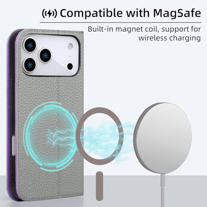 VISOUL Pebbled Leather Wallet Case for iPhone 17 Pro Max 6.9" 2025, Genuine Leather Flip Folio Cover with RFID Blocking Card Holders, Kickstand, Soft TPU Protective Flip Cover -Gray+Purple - color: Gray+Purple