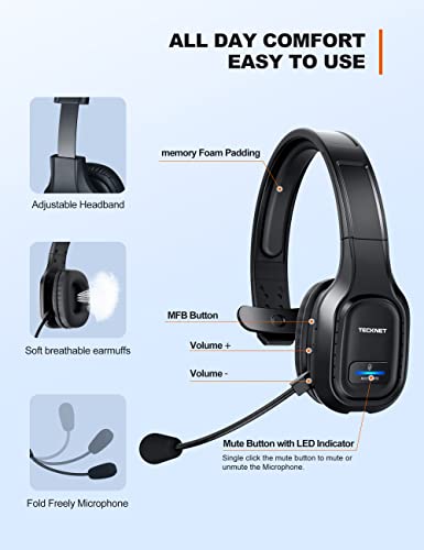 TECKNET Trucker Bluetooth Headset, AI Noise Canceling Mic, Wireless On-Ear