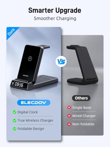 Wireless Charger for Samsung S25 with Clock 3 in1 Foldable Charging Station - color: Black