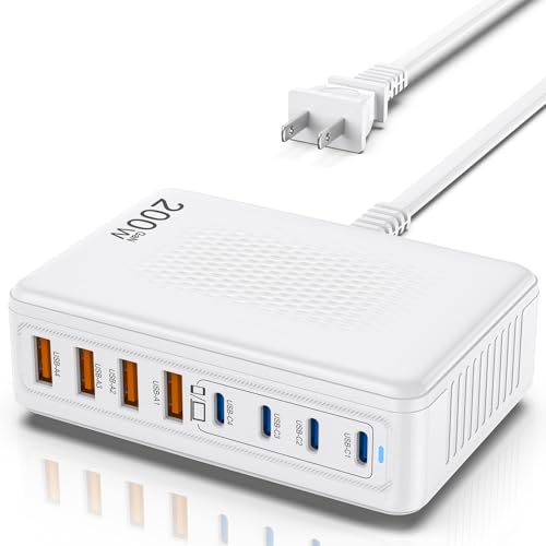 200W GaN 8-Port USB C Charging Station, PD 65W Multi-Device Charger - color: White