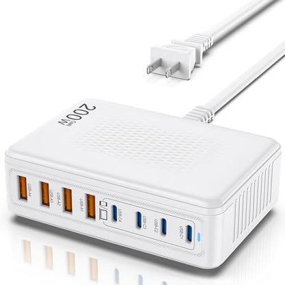 200W GaN 8-Port USB C Charging Station, PD 65W Multi-Device Charger - color: White