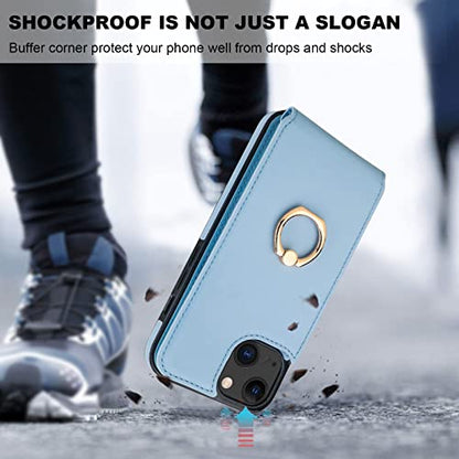 Folosu Compatible with iPhone 14 Case Wallet with Card Holder, 360°Rotation Finger Ring Holder Kickstand, RFID Blocking Leather Protective Double Buttons Shockproof Cover 6.1 Inch Blue - color: Blue, size: iPhone 14