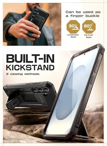 SUPCASE for Galaxy S25 FE Case with Built-in Screen Protector, Black | Invisible Stand, Belt Clip Holster, Charge Port Cover, Military-Grade Protection, Anti-Slip, Shockproof, Unicorn Beetle Pro