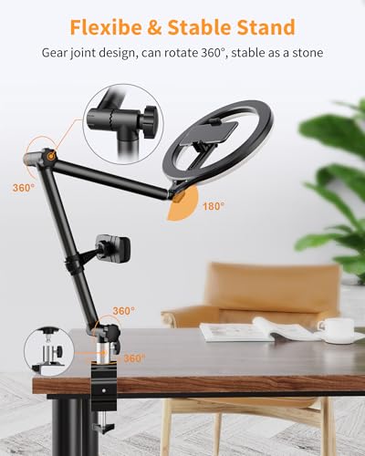 Ring Light with Stand and Phone Holder, USB 10" Ring Light for Desk, Overhead Camera Mount with Ringlight, Desk Lamp with Clamp for Photography/Makeup/Live StreamVideo/YouTube