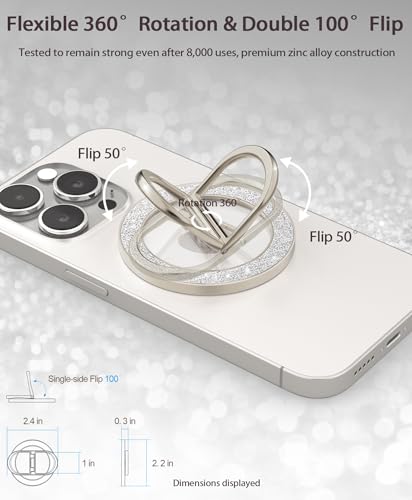 Magnetic Phone Ring Grip Finger Kickstand, Twinkle Transparent Magnetic Double Rings Holder for iPhone 17 16 15 14 Pro Max Plus (Titanium) - color: Titanium