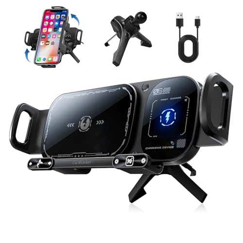 Wireless Charging Rotating Car Mount, 15W Fast Charger with Auto Clamping, One-Click 90° Rotation, 360° Rotation, Anti-Shake Technology, Foldable Phone Fit