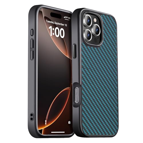 GESIHOPY for iPhone 16 Pro Max Case Carbon Fiber,Fits MagSafe, Military-Grade Drop Cover,Sturdy Carbon Fiber for iPhone 16 Pro Max Phone case,Supports Wireless Charging, Black/Blue(Twill) - color: Black/Blue(Twill), size: iPhone 16 Pro Max